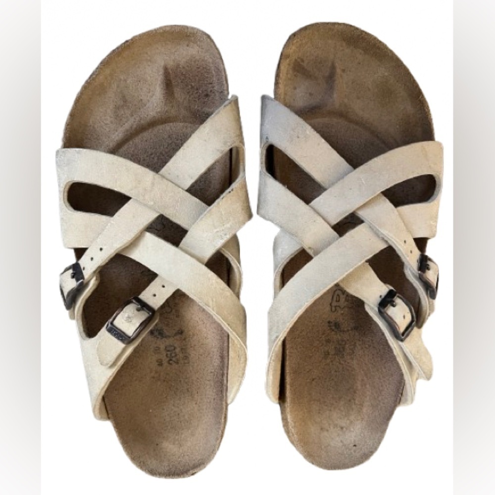 Birkenstock Birkis Calais Beige Criss Cross Suede Strap EU 40 US 9 Sandals